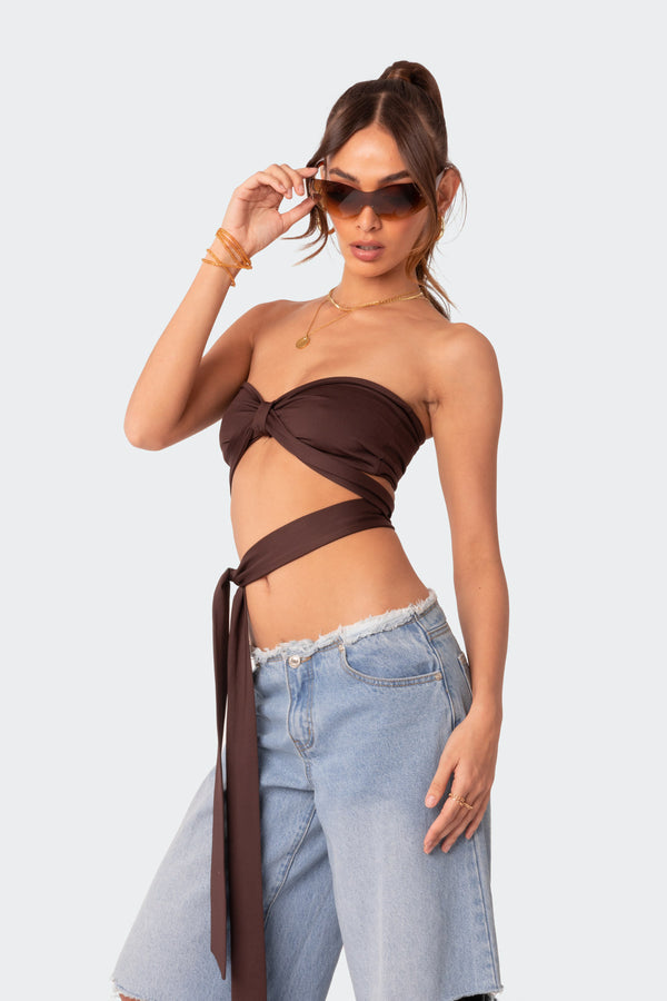 Edikted Wyatt Wrap Tie Bandeau Top Brown