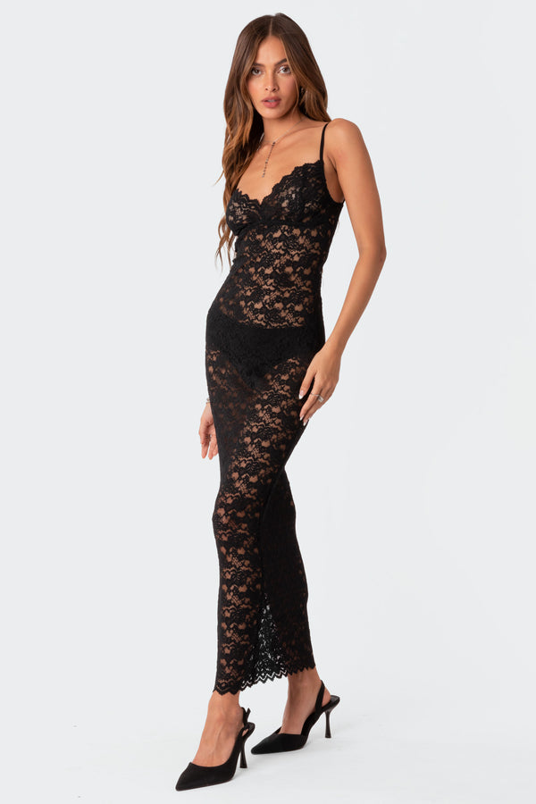 Edikted Xandra Sheer Lace Maxi Dress Black