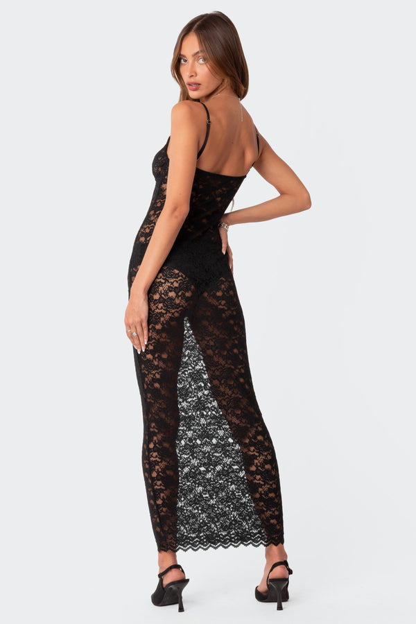 Edikted Xandra Sheer Lace Maxi Dress Black