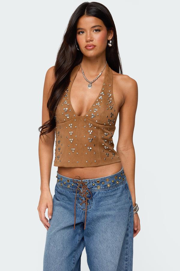 Edikted Xaria Studded Faux Suede Halter Top Brown