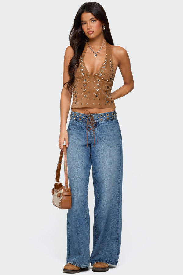 Edikted Xaria Studded Faux Suede Halter Top Brown
