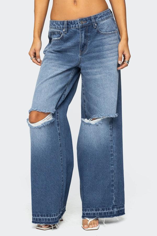 Edikted Xenia Distressed Low Rise Jeans Blue