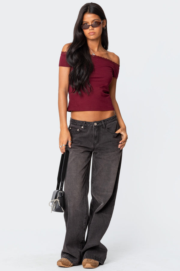Edikted Xoe Off Shoulder Lace Trim Top Burgundy