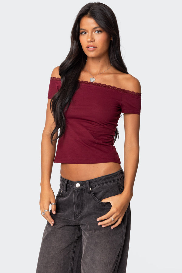 Edikted Xoe Off Shoulder Lace Trim Top Burgundy
