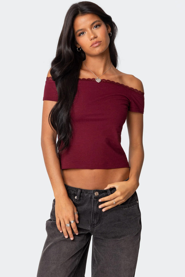 edikted Xoe Off Shoulder Lace Trim Top burgundy