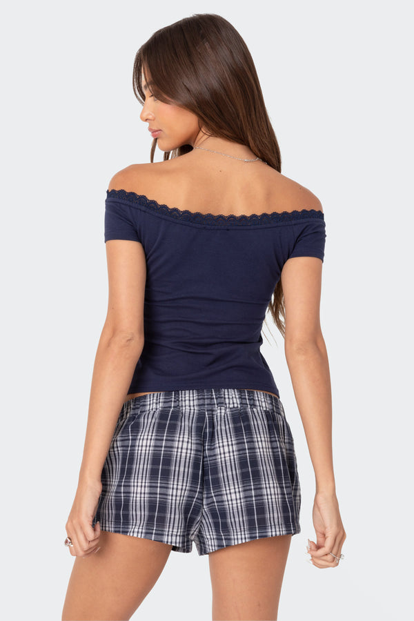 Edikted Xoe Off Shoulder Lace Trim Top Navy