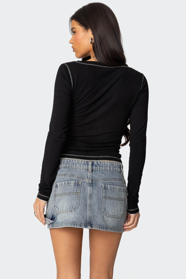 Edikted Yael Contrast Stitch Henley Top Black