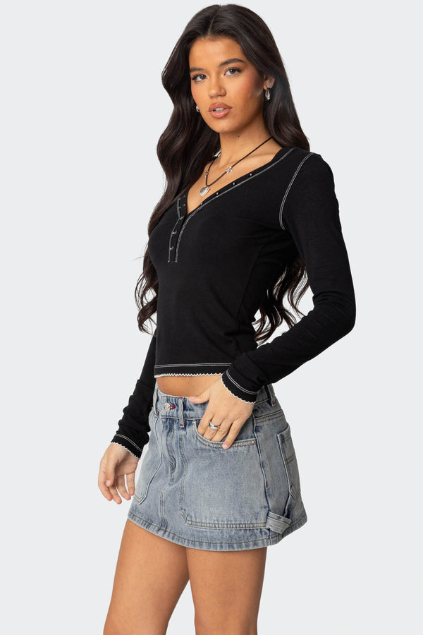 Edikted Yael Contrast Stitch Henley Top Black