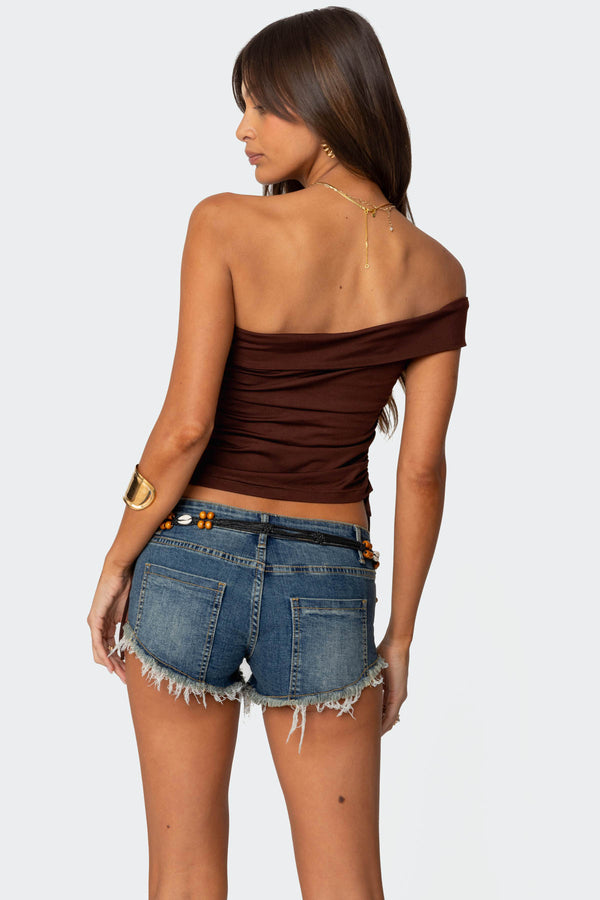 Edikted Yafa Asymmetric Off Shoulder Top Brown
