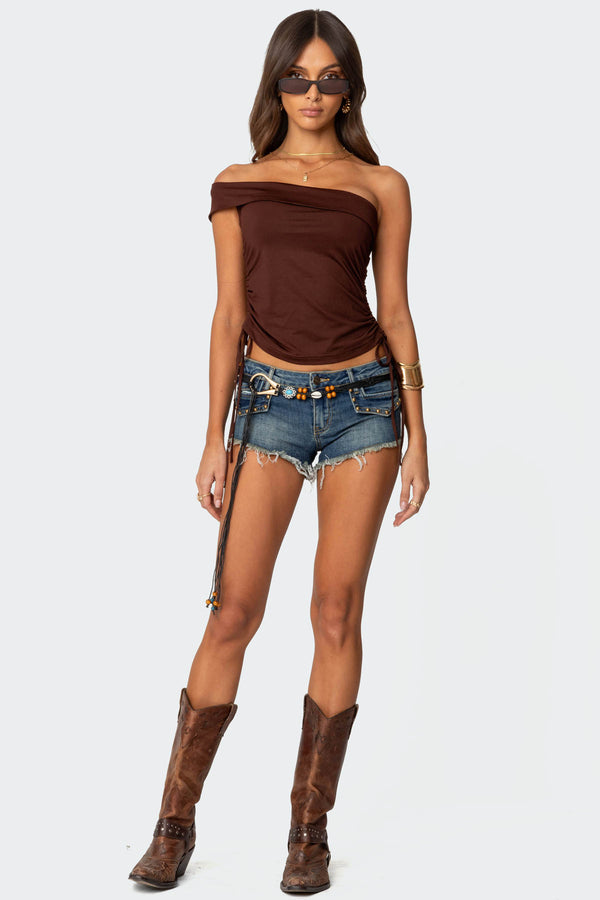 Edikted Yafa Asymmetric Off Shoulder Top Brown