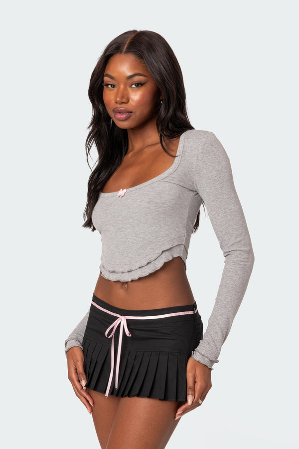 Edikted Yara Ribbed Ruffle Hem Top Gray Melange