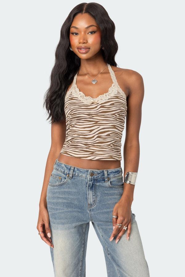 Edikted Zebra Printed Halter Top Beige