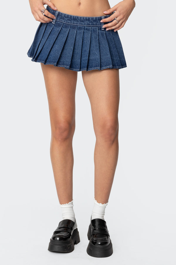 Edikted Zenia Denim Pleated Mini Skort Dark Blue