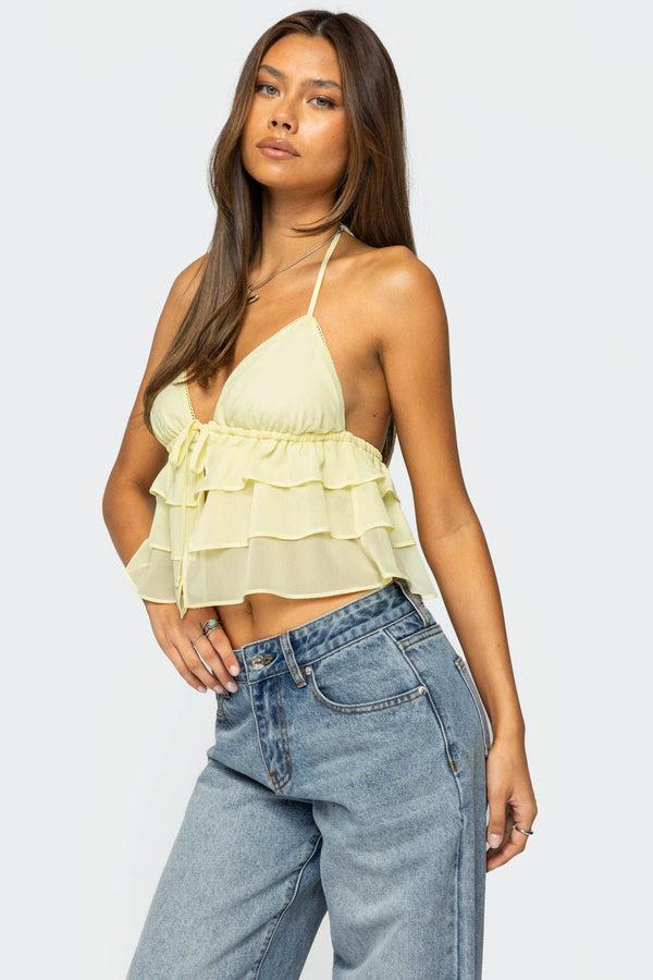 Edikted Zephi Split Front Ruffled Top Yellow