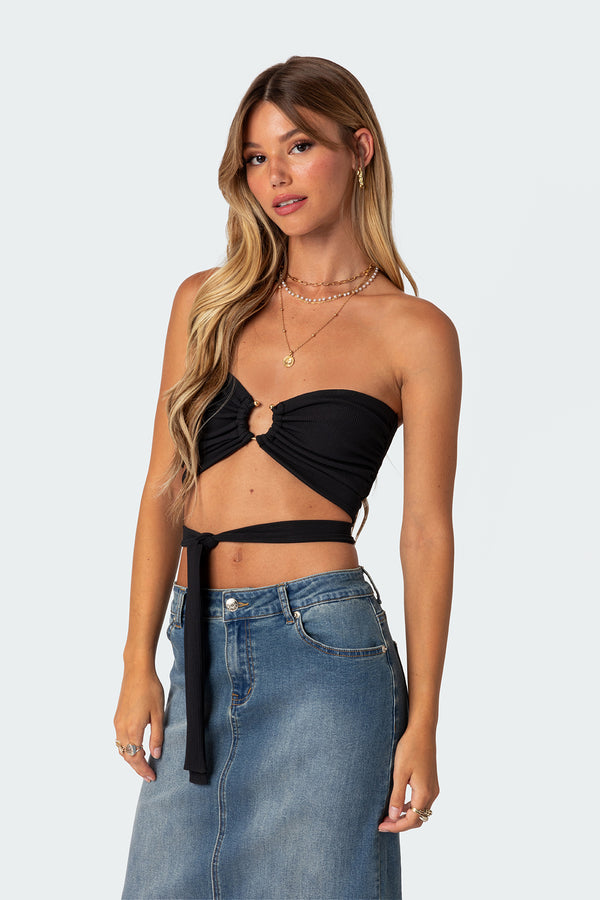 Edikted Zia Ribbed Ring Tie Crop Top Black