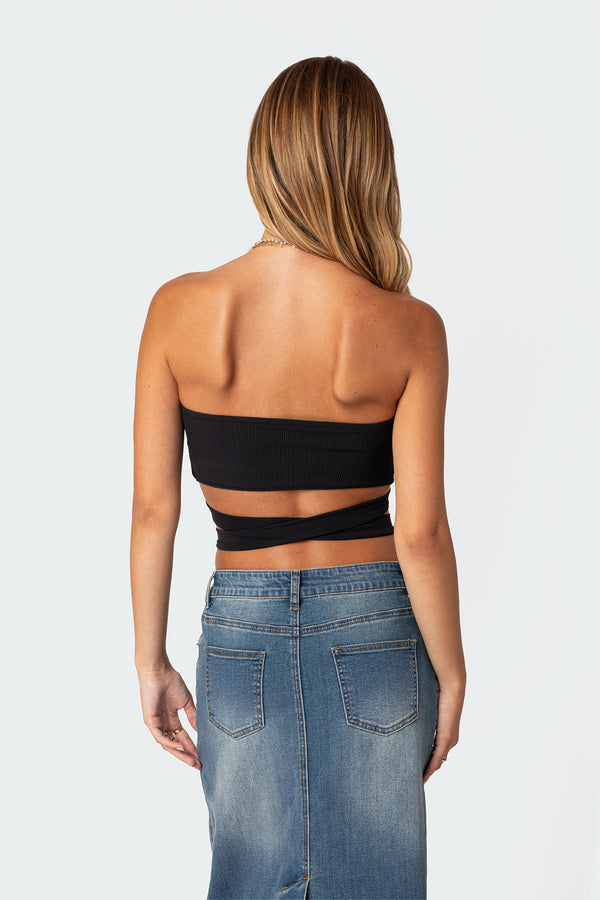 Edikted Zia Ribbed Ring Tie Crop Top Black