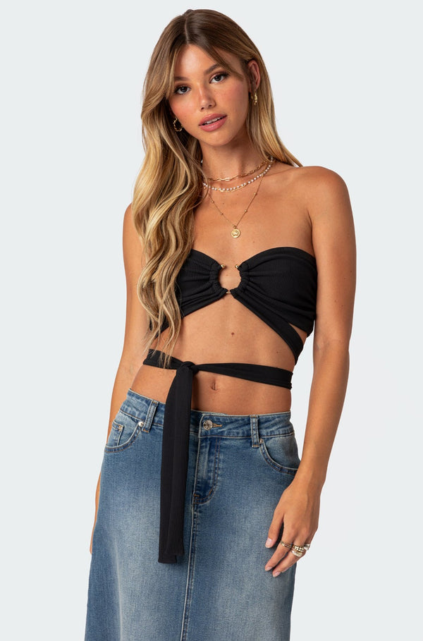 edikted Zia Ribbed Ring Tie Crop Top black