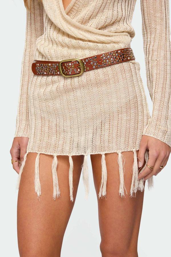 edikted Zinia Studded Faux Leather Belt brown