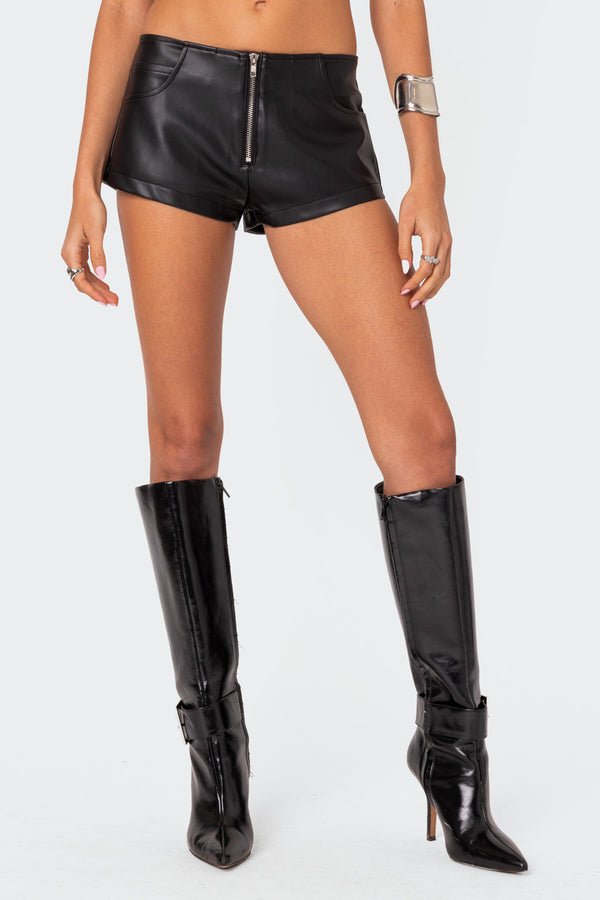 Edikted Zippy Faux Leather Micro Shorts Black