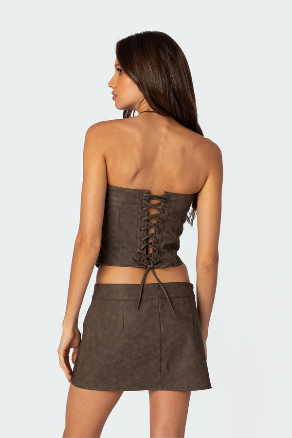 Edikted Ziva Faux Leather Lace Up Corset Brown