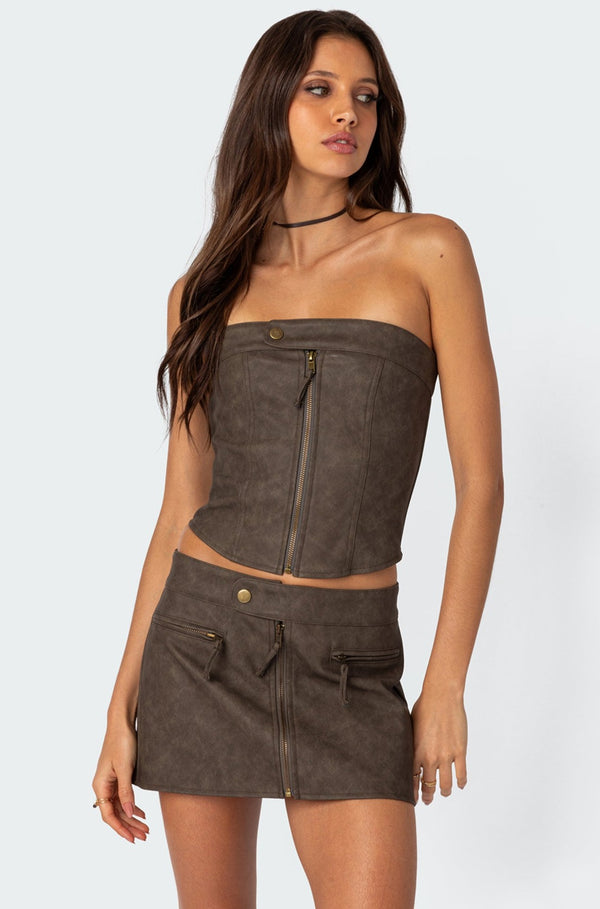 edikted Ziva Faux Leather Lace Up Corset brown