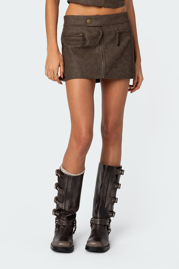 Edikted Ziva Faux Leather Mini Skirt Brown