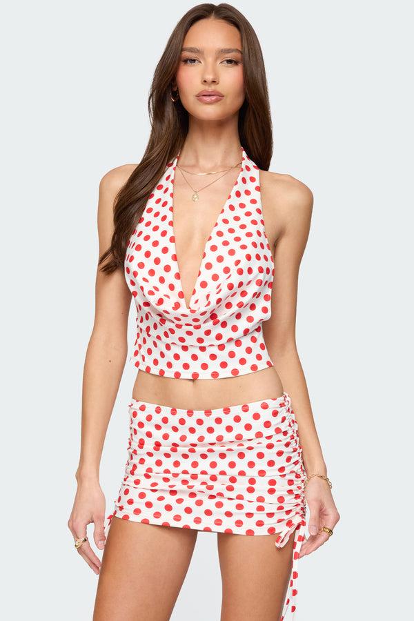 edikted Zoe Polka Dot Cowl Neck Top red and white