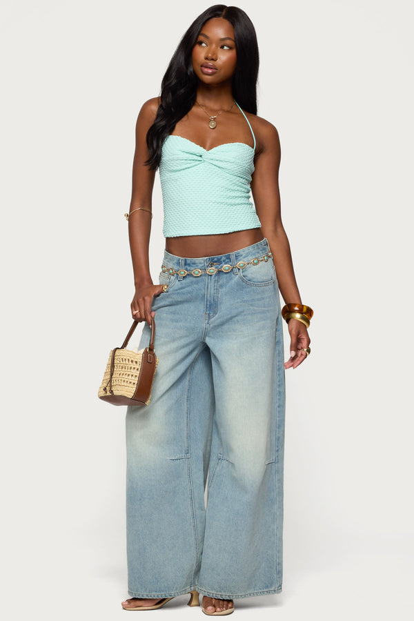 Edikted Zoee Twisted Textured Halter Top Aqua