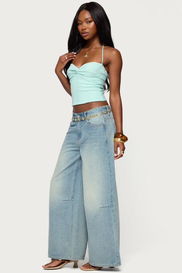 Edikted Zoee Twisted Textured Halter Top Aqua