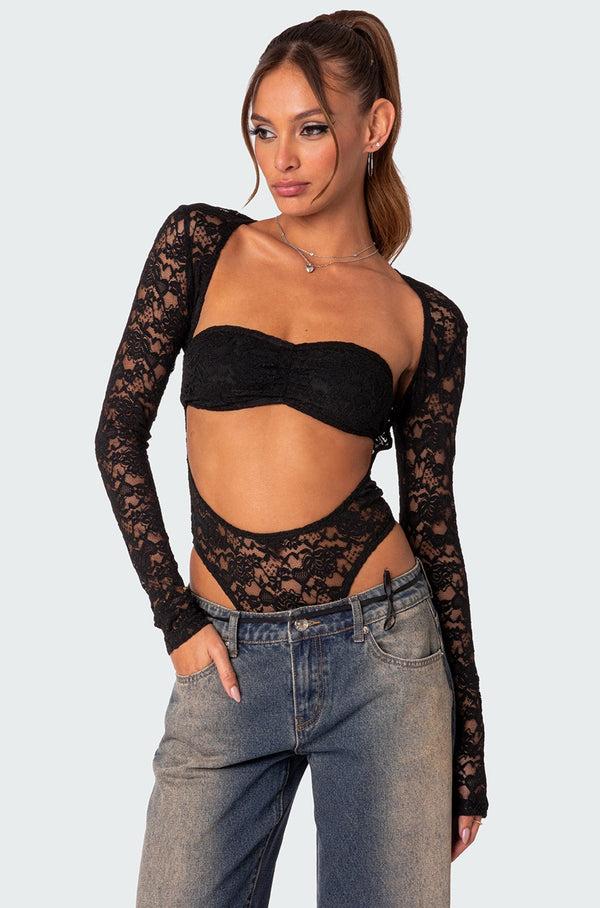 edikted Zoey Sheer Lace Two Piece Bodysuit black