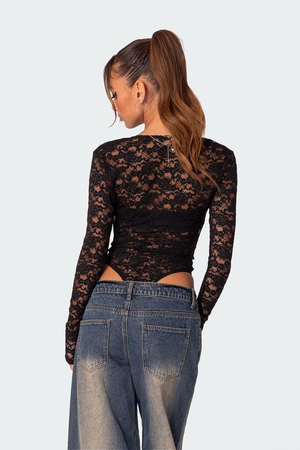 Edikted Zoey Sheer Lace Two Piece Bodysuit Black