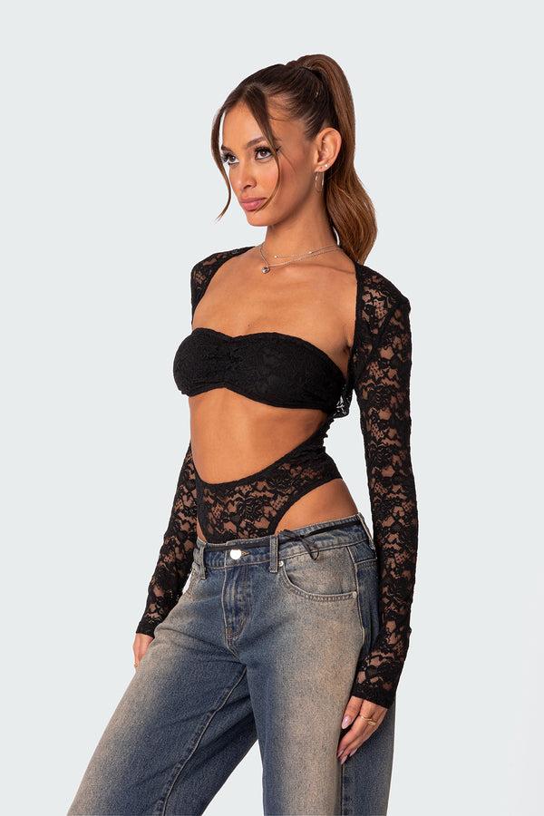 Edikted Zoey Sheer Lace Two Piece Bodysuit Black