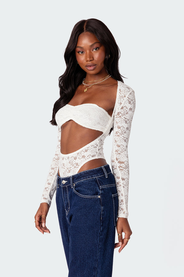 Edikted Zoey Sheer Lace Two Piece Bodysuit White