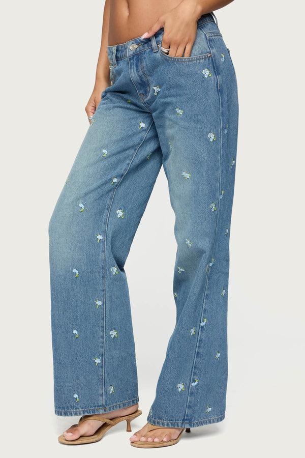 Edikted Edna Floral Embroidered Low Rise Jeans Blue Washed