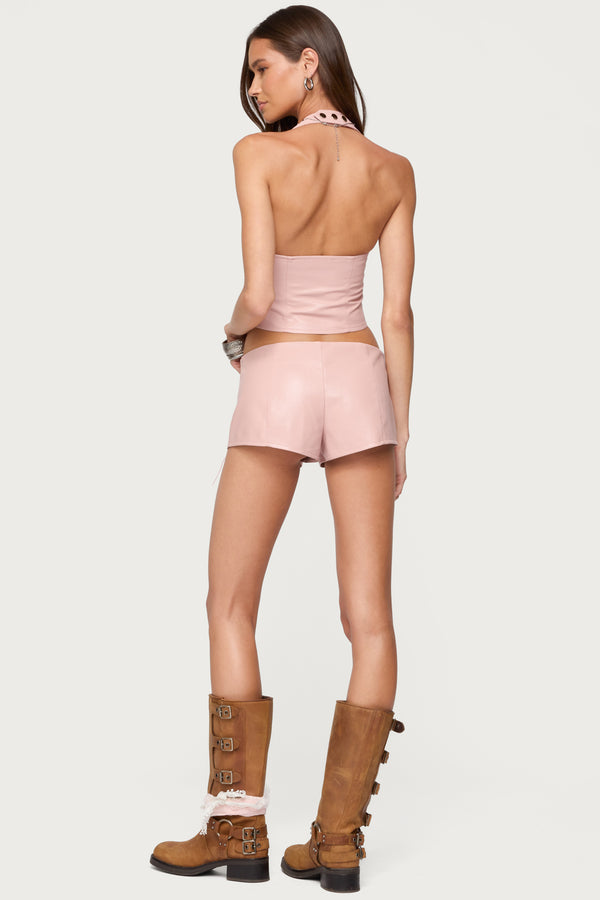 Edikted Elisha Lace Up Faux Leather Halter Top Pink