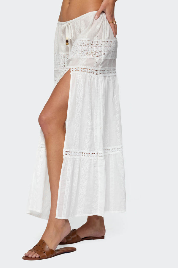 Edikted Embroidered Cotton Lace Slitted Maxi Skirt White