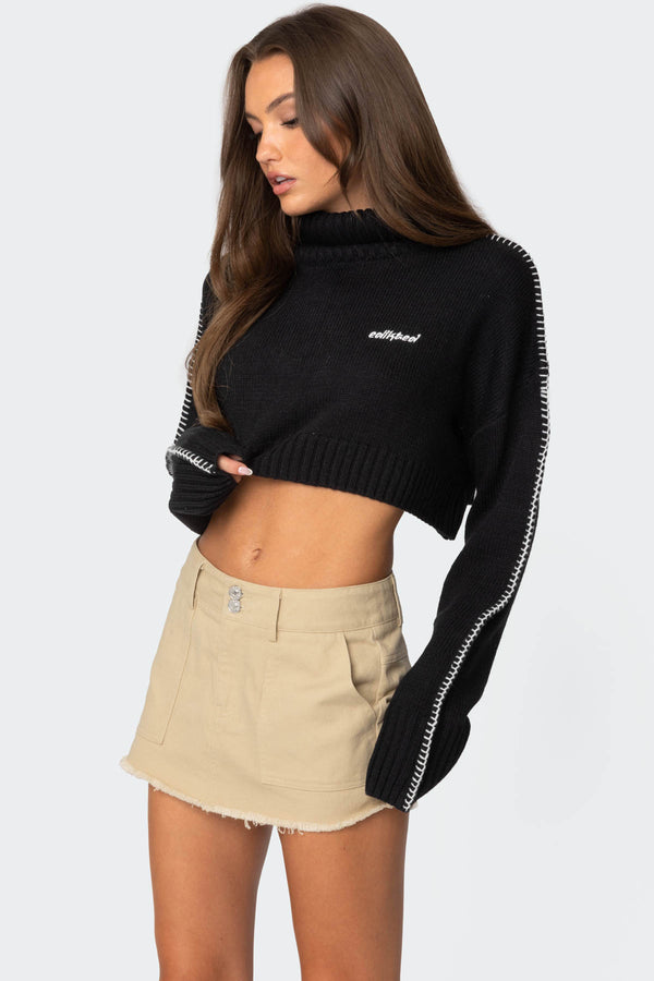 Edikted Embroidered Edge Cropped Turtle Neck Sweater Black