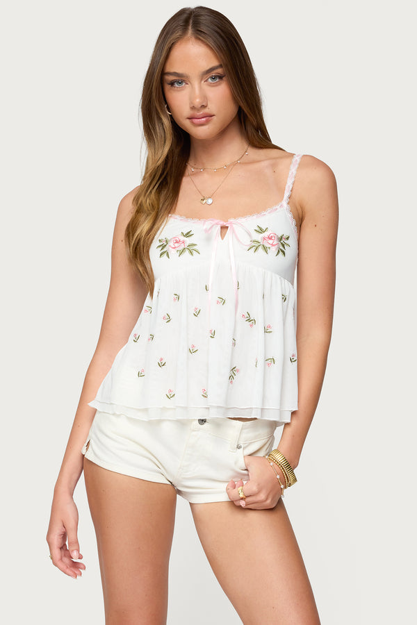 edikted Embroidered Layered Mesh Babydoll Top white