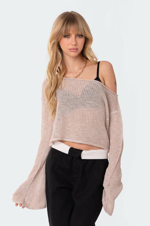 Edikted Emmie Off The Shoulder Sheer Knitted Top Beige