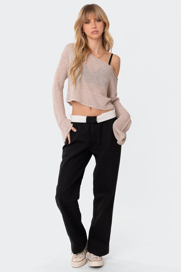 edikted Emmie Off The Shoulder Sheer Knitted Top beige