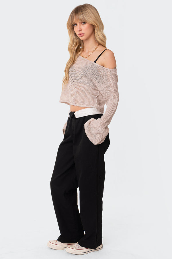 Edikted Emmie Off The Shoulder Sheer Knitted Top Beige