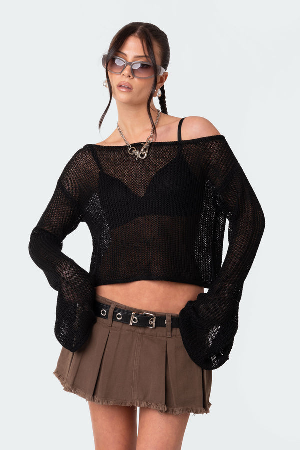 Edikted Emmie Off The Shoulder Sheer Knitted Top Black