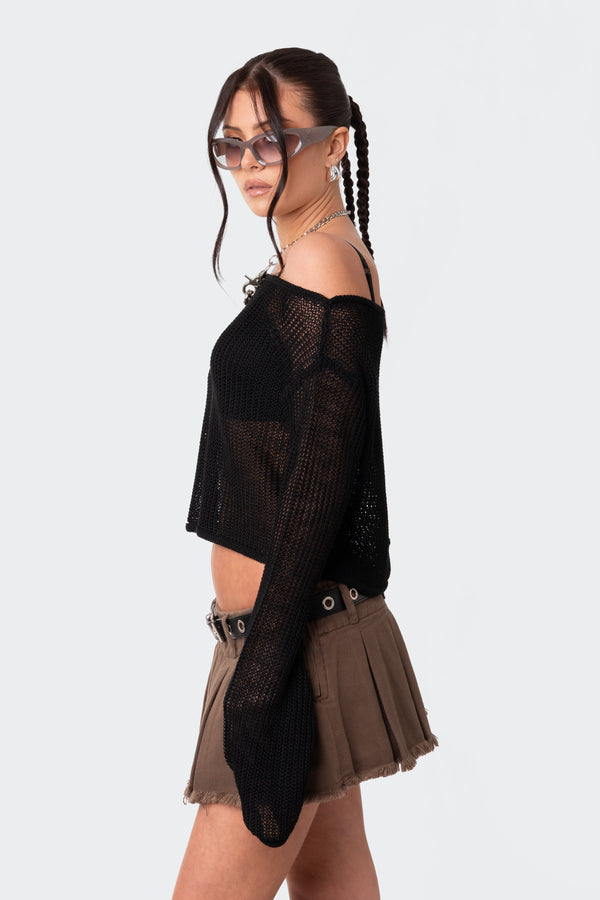 Edikted Emmie Off The Shoulder Sheer Knitted Top Black