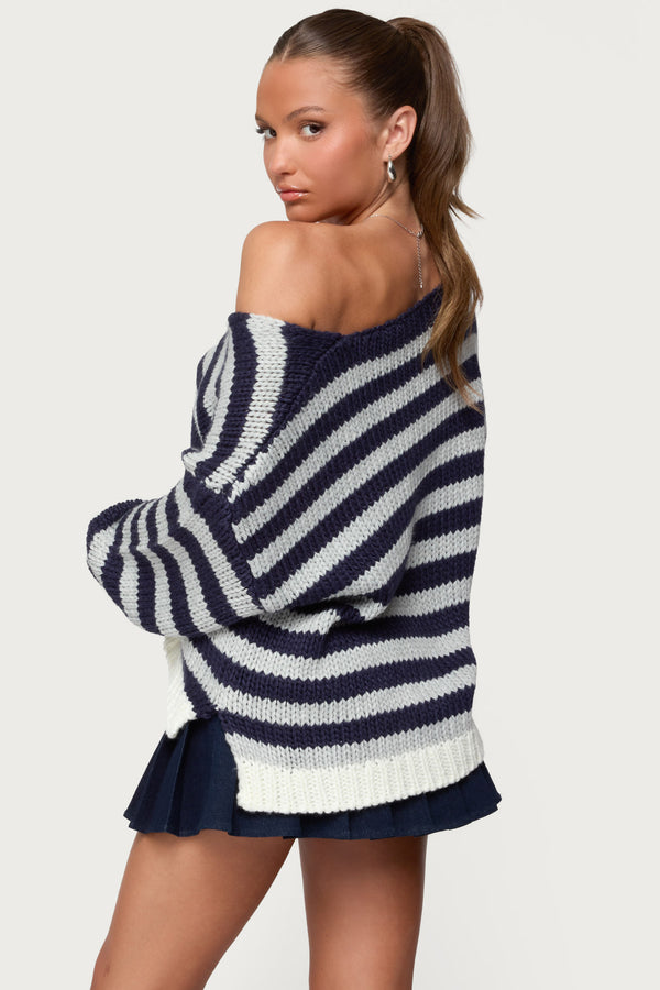 Edikted Eugenie Oversized Striped Knit Sweater Navy
