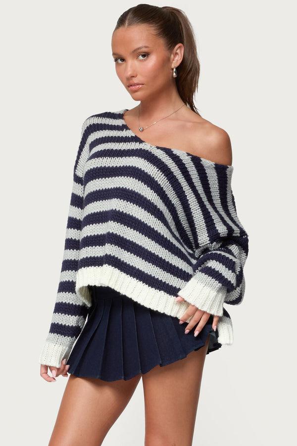 Edikted Eugenie Oversized Striped Knit Sweater Navy