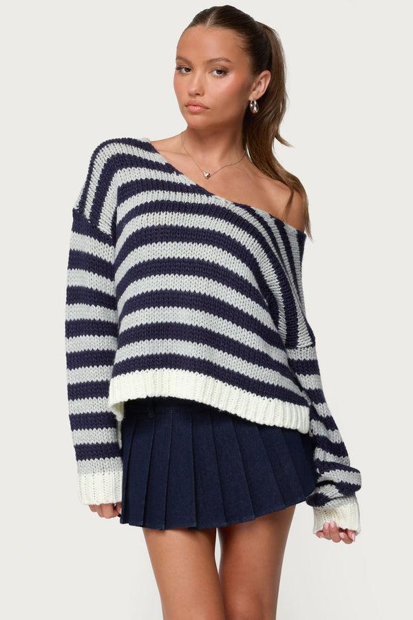 edikted Eugenie Oversized Striped Knit Sweater navy