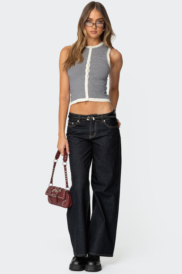 Edikted Everson Striped Button Up Knit Top Cream And Navy