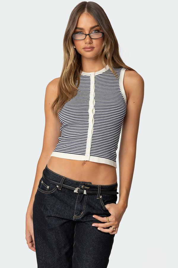 edikted Everson Striped Button Up Knit Top cream and navy