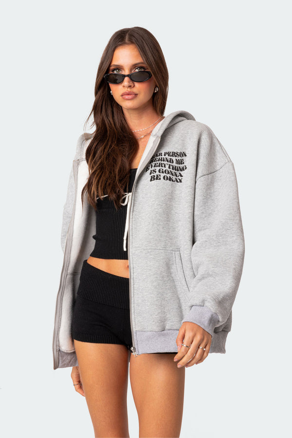 Edikted Everything'S Ok Zip Up Oversized Hoodie Gray Melange