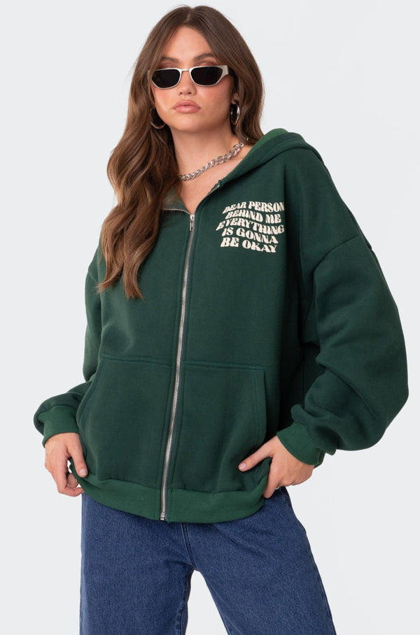 Edikted Everything'S Ok Zip Up Oversized Hoodie Green
